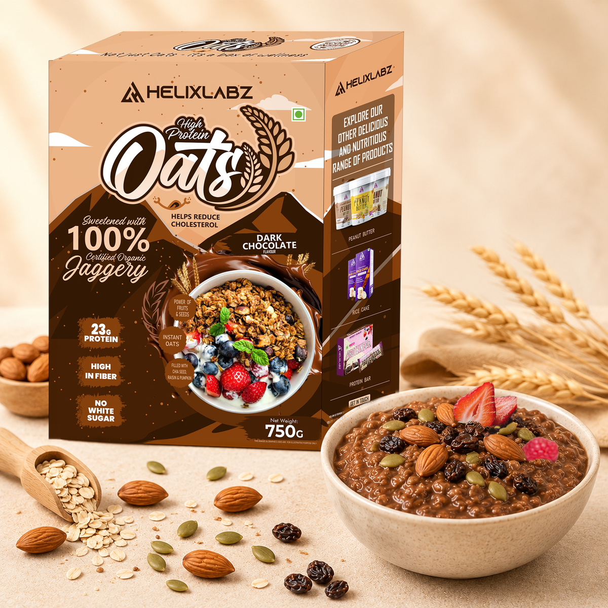 HELIXLABZ HIGH PROTEIN OATS 750 GM DARK CHOCOLATE