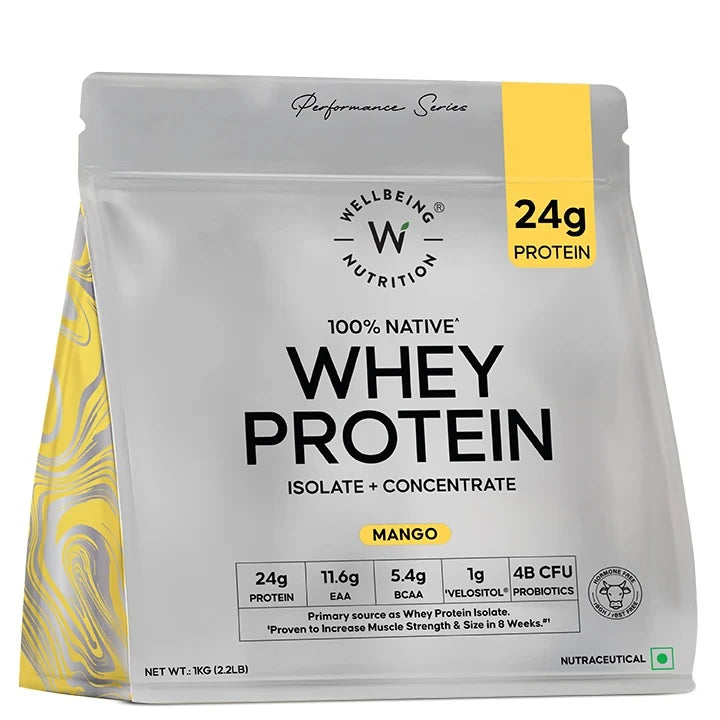 Wellbeing Nutrition 100% Native Whey Protein Isolate + Concentrate 1 Kg Mango