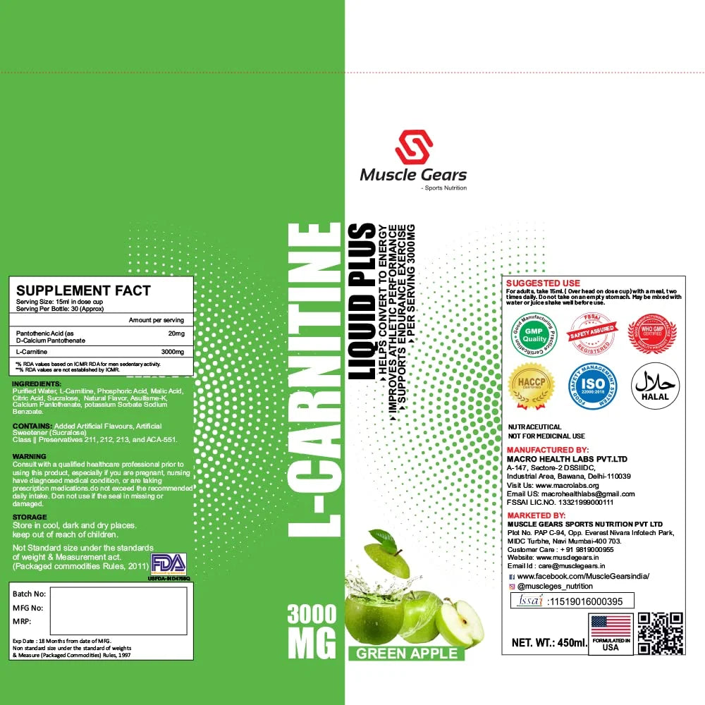 Muscle Gears L-Carnitine 3000 Mg 450 Ml Green Apple