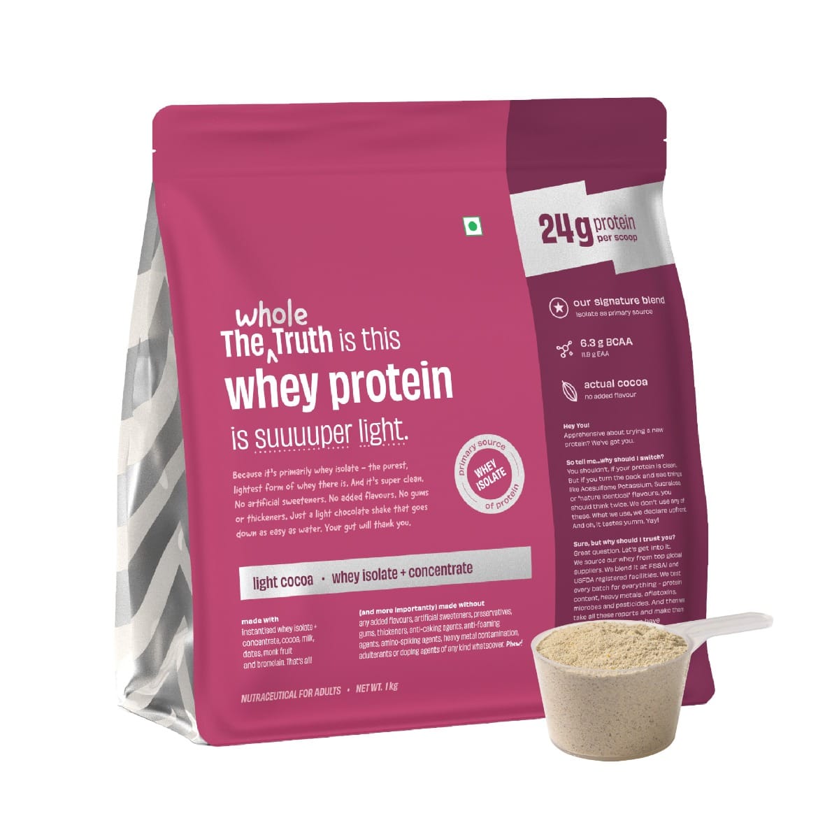 The Whole Truth Whey Protein Isolate+Concentrate 1 Kg Light Cocoa - front