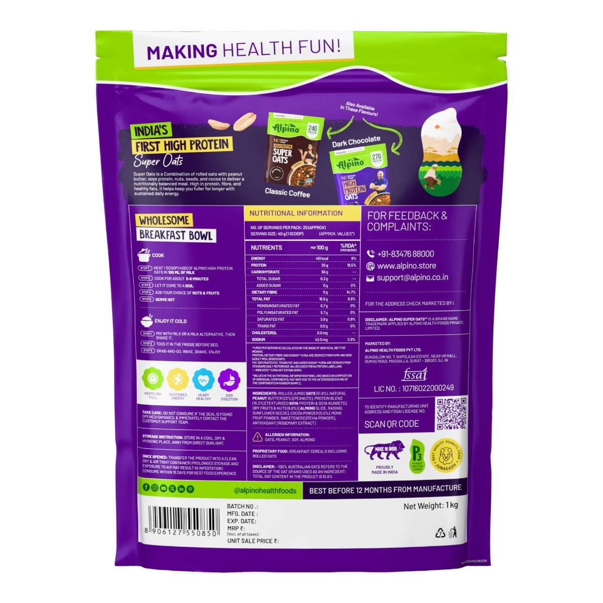ALPINO HIGH PROTEIN SUPER OATS 1 KG CHOCOLATE - back