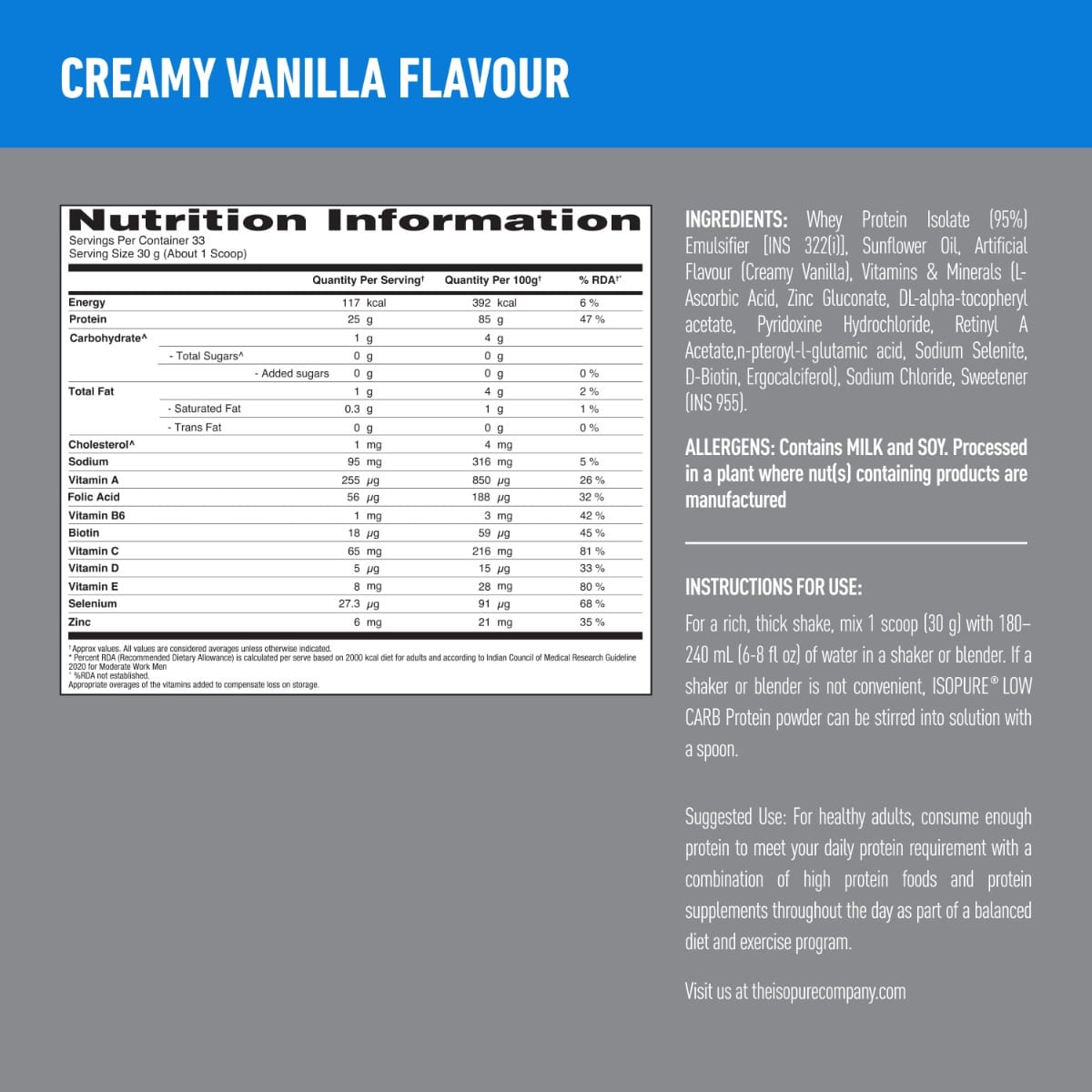 Isopure Low Carb 100% Whey Protein Isolate 1 Kg Creamy Vanilla