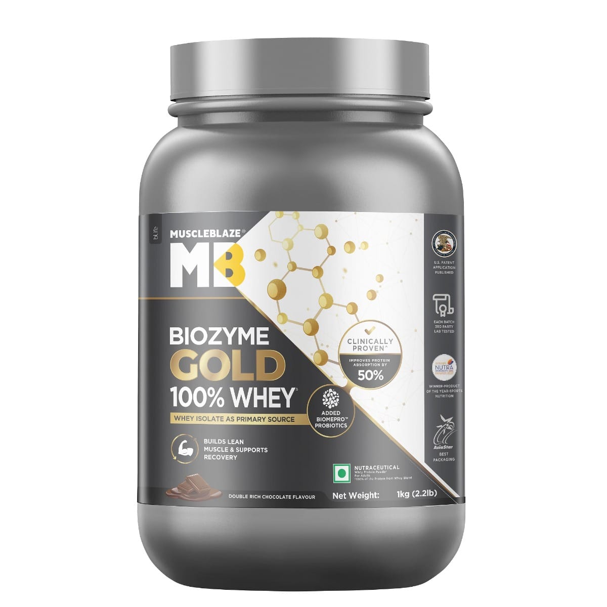 Muscleblaze Biozyme Gold 100% Whey 1 Kg Double Rich Chocolate - front