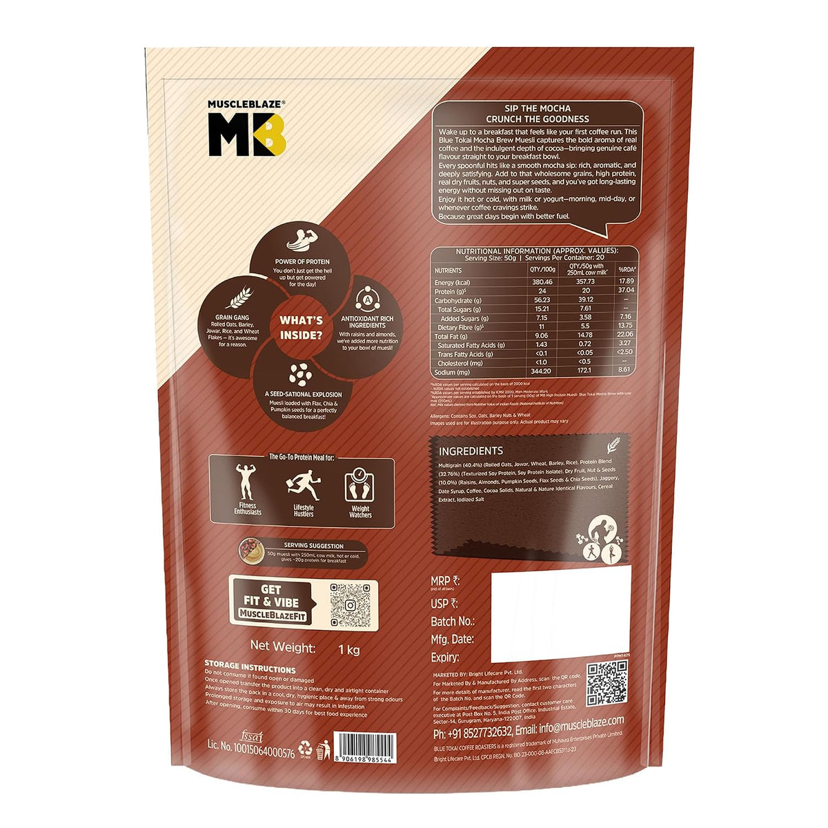 MUSCLEBLAZE HIGH PROTEIN MUESLI 1 KG BLUE TOKAI MOCHA BREW