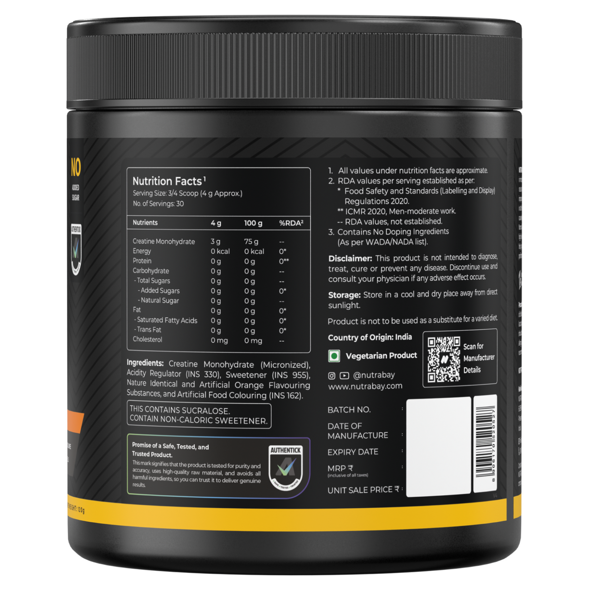 NUTRABAY GOLD MICRONIZED CREATINE MONOHYDRATE 120 GM ORANGE