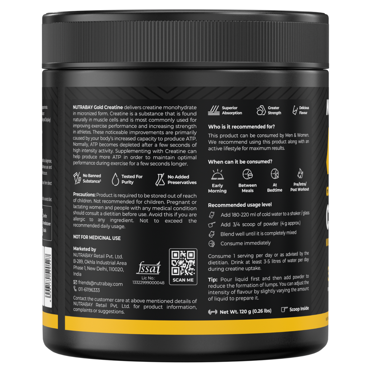 NUTRABAY GOLD MICRONIZED CREATINE MONOHYDRATE 120 GM ORANGE