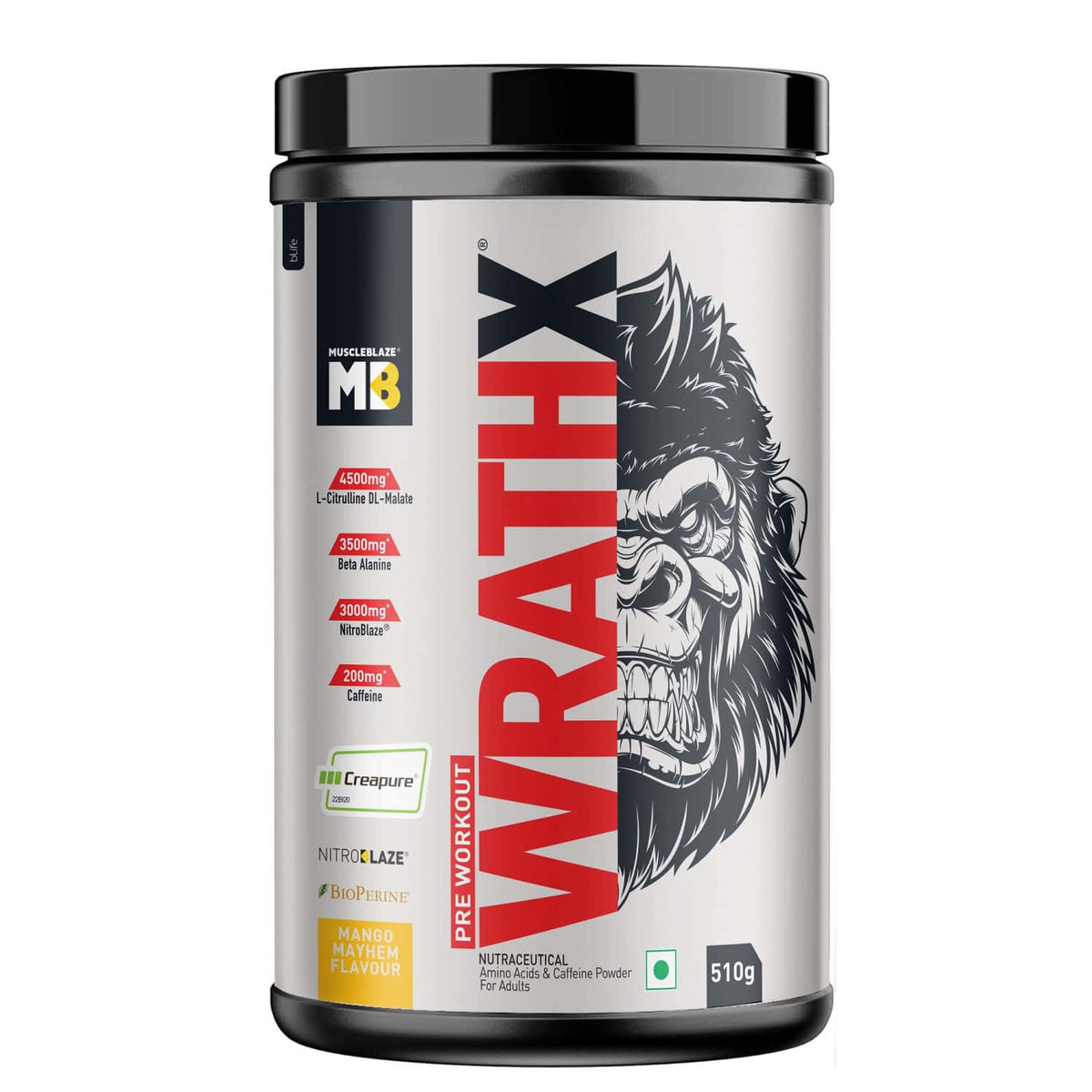 Muscleblaze Wrathx Pre-Workout 510 Gm Mango Mayhem - Front