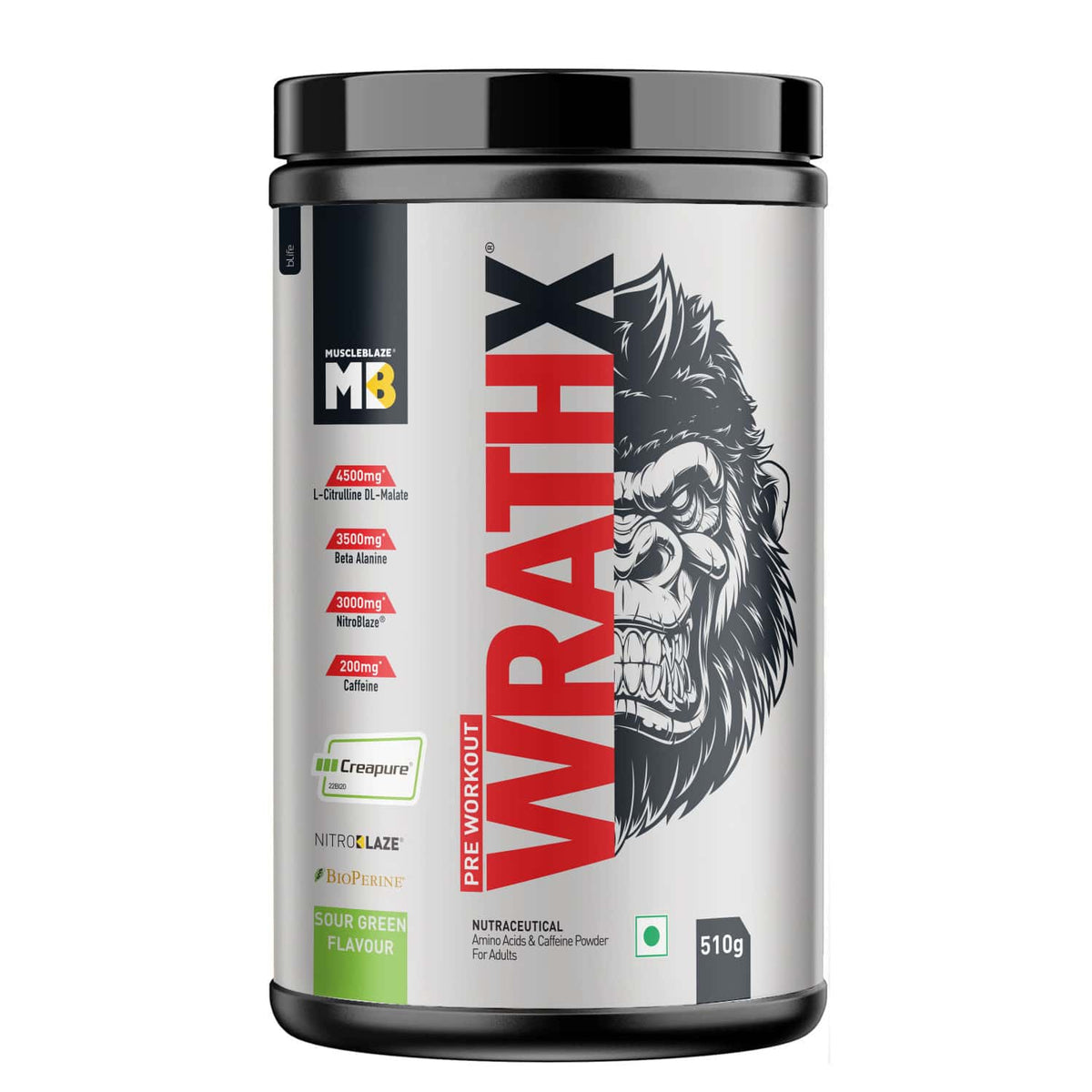 Muscleblaze Pre-Workout Wrathx 510 Gm Sour Green - Front