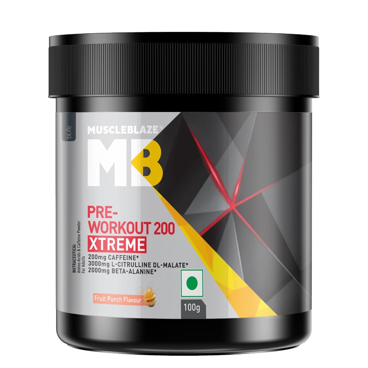 Muscleblaze Pre-Workout 200 Xtreme 100 Gm Fruit Punch - front