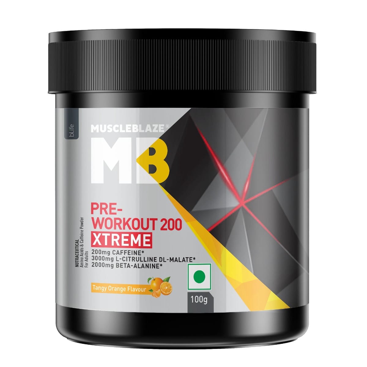 Muscleblaze Pre-Workout 200 Xtreme 100 Gm Tangy Orange - front